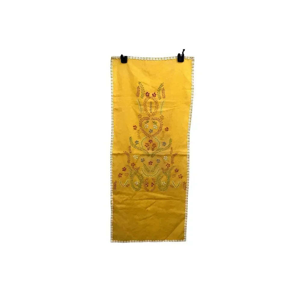 Vintage Yellow Table Runner Embroidered Dresser Scarf Floral Needlework 42x16in